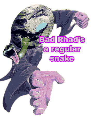 Fanciful gif of Bad Rhad with pipe-like snake and the head of a Costa Rican crater, prepared on PHOTOSHOP by Jim McPherson, 2005