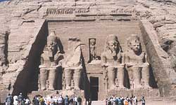 [FRONT SHOT OF THE COLOSSI OUTSIDE THE GREAT TEMPLE OF ABU SIMBEL, EGYPT, PHOTO BY JIM MCPHERSON, 2000]
