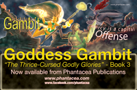 Ad using Verne Andru's cover for Goddess Gambit, prepared by Jim McPherson, 2012