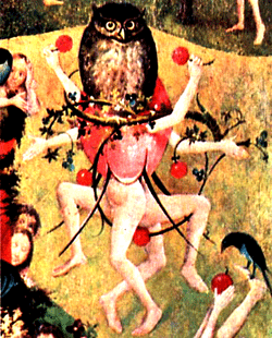 An extract from Bosch's Garden of Eartly Delights featuring owl-conjoined human dancers wielding fruit