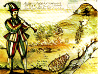 1592 painting scanned in from Fortean Times 264 that depicts the Rat Catcher of Hamelin, 